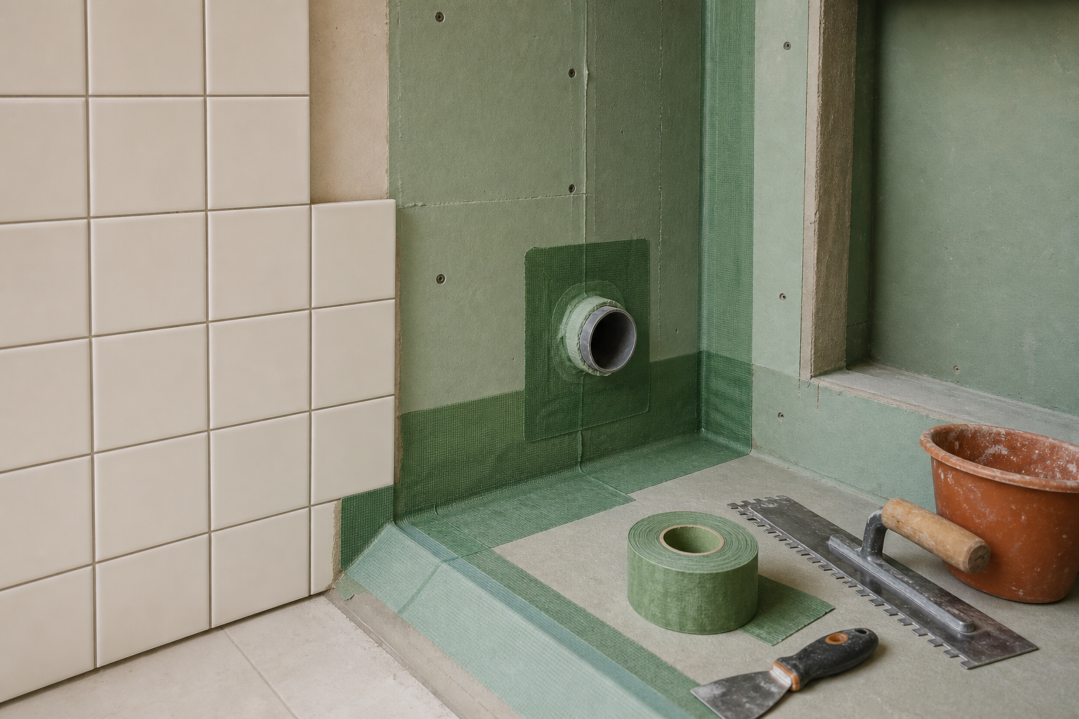 Plaatmateriaal, afdichtingsband en gereedschap bij een badkamerwand in aanbouw