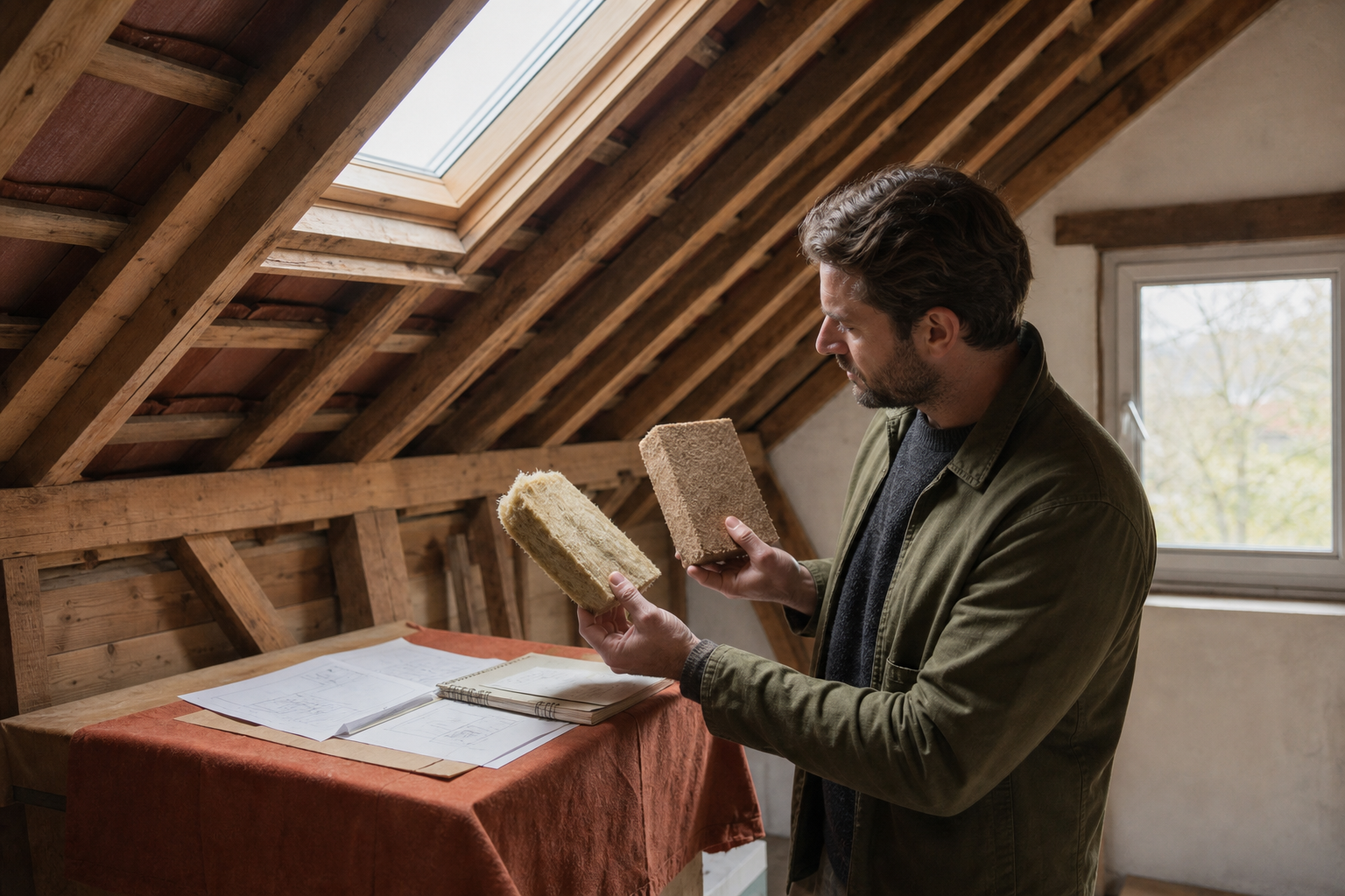 Droogbouwplaten, houten balken en meetgereedschap tijdens een vloerverbouwing