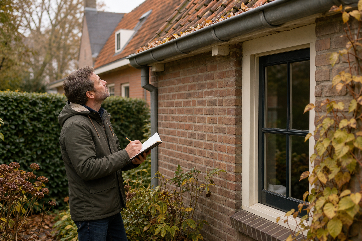 Bewoner controleert in de herfst de dakgoot en gevel van een bakstenen huis